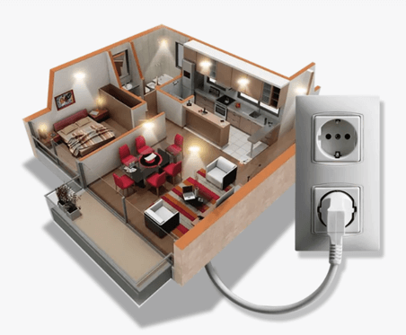 Двухкомнатная квартира с мебелью, в разрезе вид сверху, включены осветительные приборы.