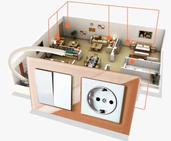 Розетка и выключатель на фоне квартиры с мебелью