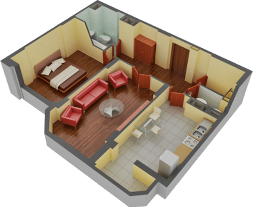 Двухкомнатная квартира с мебелью в разрезе, вид сверху