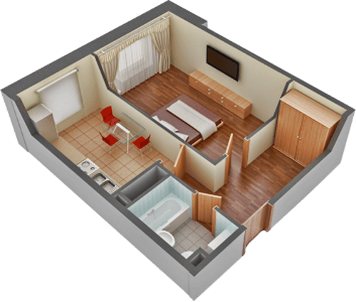 Однокомнатная квартира в разрезе, вид сверху, с мебелью 