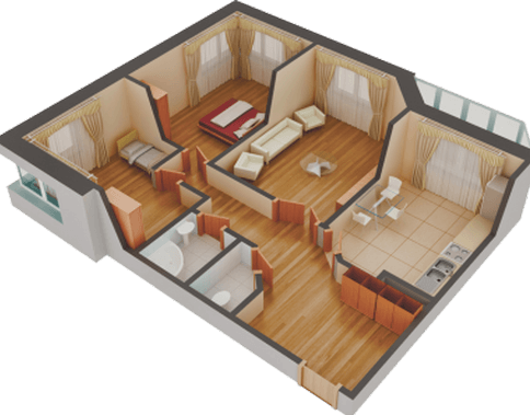 Трехкомнатная квартира с мебелью, в разрезе, вид сверху