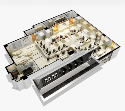 Офисное помещение,вид сверху, выделены электророзетки и выключатели